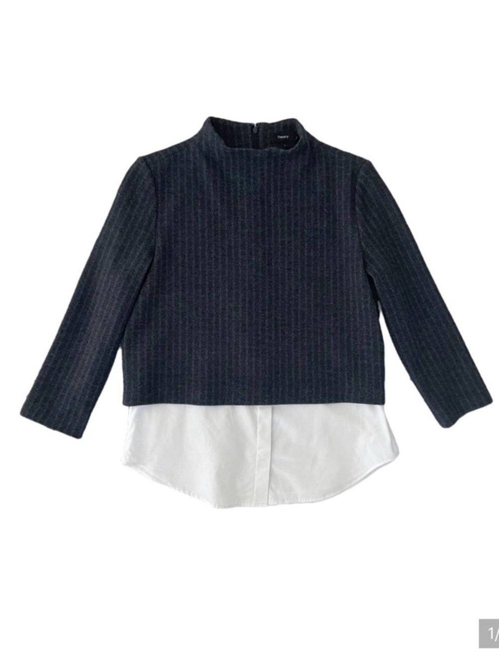 Theory Layered Look Cropped Striped Mockneck Sweater White Oxford Buttondown Top
